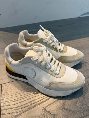 Hermes White and Beige Low-Top Sneakers with Yellow Heel Detail